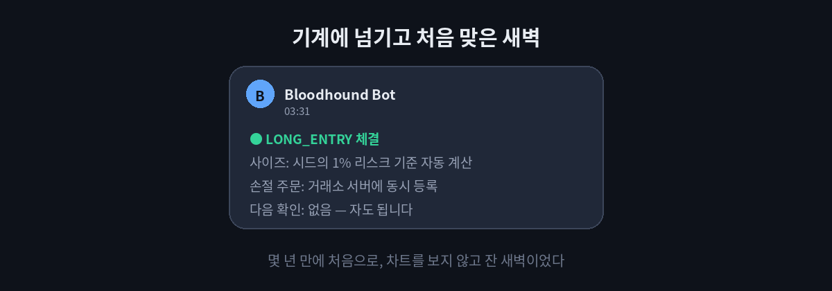 감정을 거세한 24시간 집행자: n8n 무인 자동매매 시스템 구축기 새벽 3시 31분 텔레그램 알림: LONG_ENTRY 체결, 손절 주문 동시 등록
